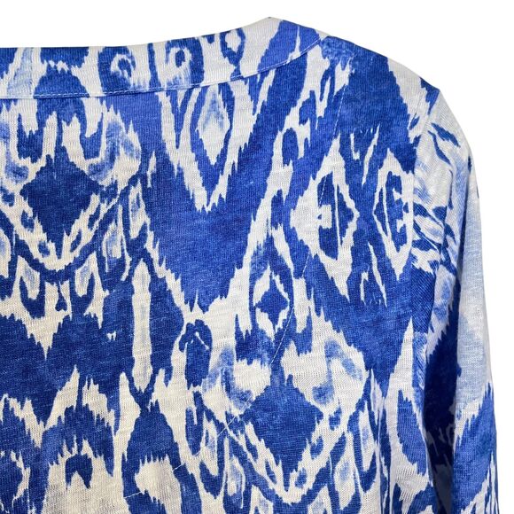 Chicos Womens Ikat Split V Neck 100% Linen Blue Knit Top Long Sleeve White 1/ M - Picture 13 of 16